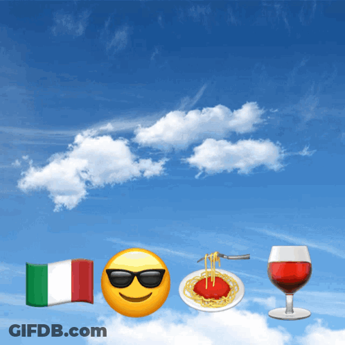 A Smiley Face With Sunglasses And A Plate Of Spaghetti And A Glass Of Wine GIF
