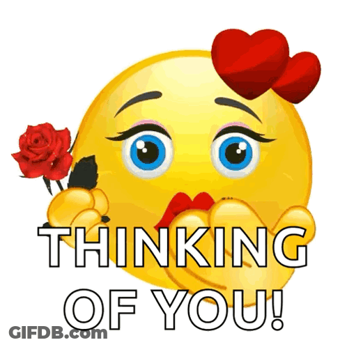 A Smiley Face With Two Hearts On Its Head And The Words Thinking Of You Written Below It GIF