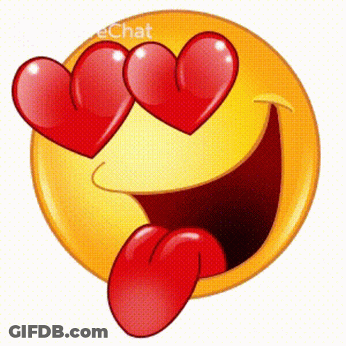 A Smiley Face With Two Red Hearts In Its Eyes And A Tongue Sticking Out GIF