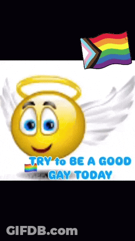 A Smiley Face With Wings And The Words Try To Be A Good Gay Today On The Bottom GIF