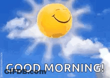 A Smiley Sun Is Flying Through The Clouds With The Words `` Good Morning '' Written Below It . GIF