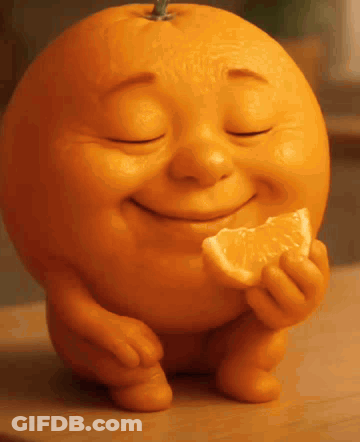A Smiling Orange Is Holding A Slice Of Orange . GIF