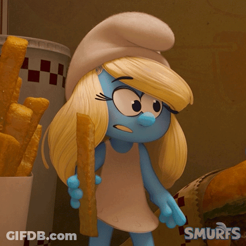 A Smurf Holding A Piece Of Cheese Next To A Hamburger GIF
