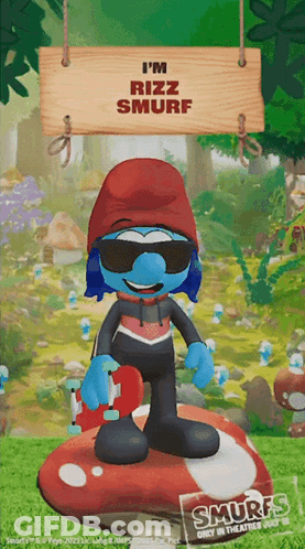 A Smurf Holding A Skateboard And A Sign That Says I 'M Rizz Smurf GIF