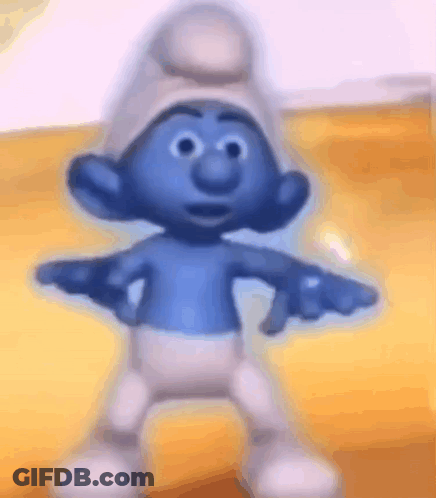 A Smurf Is Dancing With His Arms Outstretched And Wearing A Hat . GIF