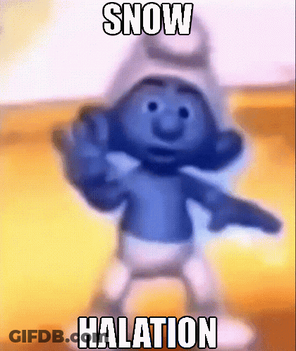 A Smurf Is Dancing With The Words Snow Halation Written Above Him . GIF
