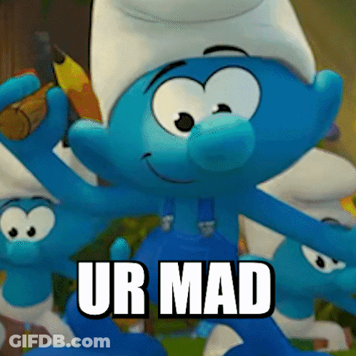 A Smurf Is Holding A Banana And The Word Ur Mad Is Below Him GIF