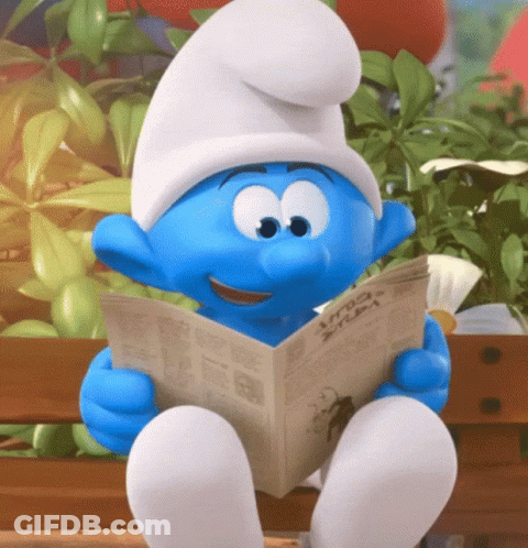 A Smurf Is Reading A Newspaper With The Words " Vroom Vroom " Written On It GIF