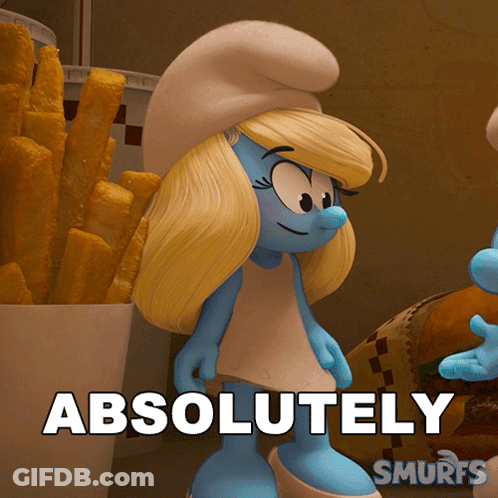 A Smurf Is Standing In Front Of A Bucket Of French Fries And A Sign That Says Absolutely GIF