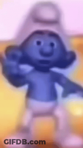 A Smurf Is Standing On A Yellow Surface And Giving A Middle Finger . GIF