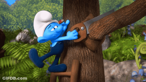 A Smurf Is Using A Saw To Cut A Tree Trunk GIF