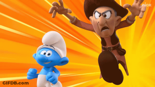 A Smurf Standing Next To A Pirate With A Nick Logo On The Bottom Right GIF