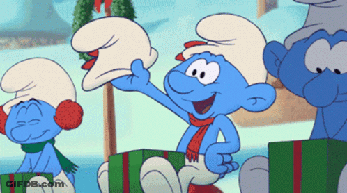 A Smurf Wearing A Scarf And Ear Muffs Holds A Hat GIF