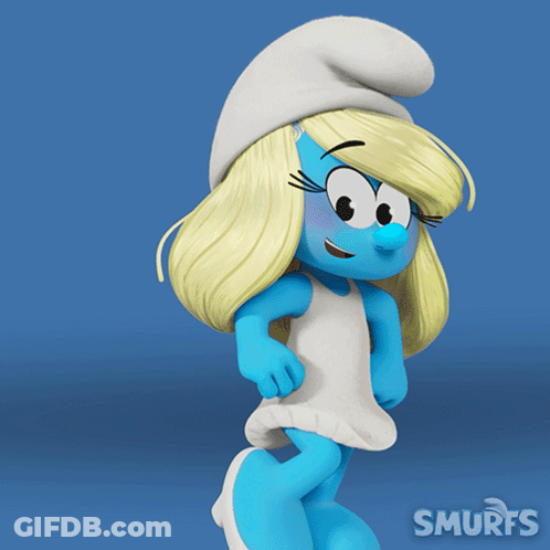 A Smurf Wearing A White Dress And A Hat GIF