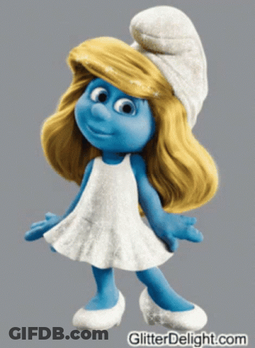 A Smurf Wearing A White Dress And A White Hat With Glitterdelight.com Written Below Her GIF