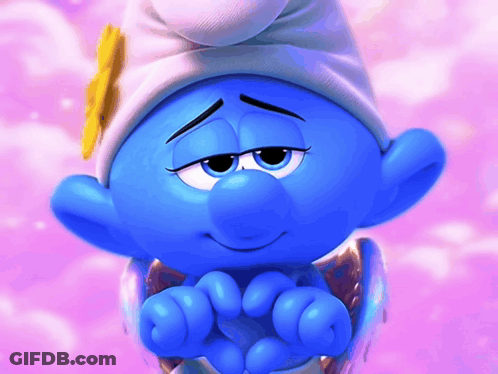 A Smurf Wearing A White Hat And A Flower On It GIF