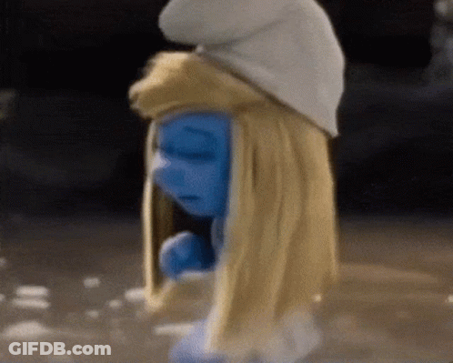 A Smurf Wearing A White Hat And Blonde Hair GIF