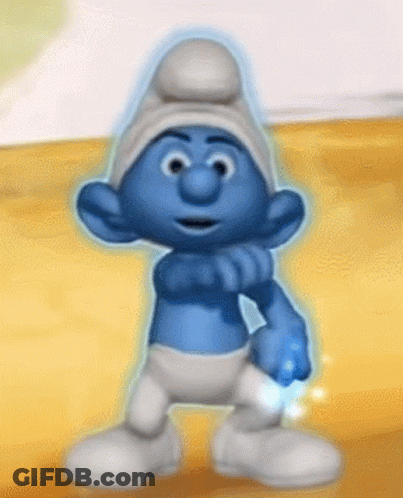 A Smurf Wearing A White Hat Is Holding A Blue Object In His Hand GIF