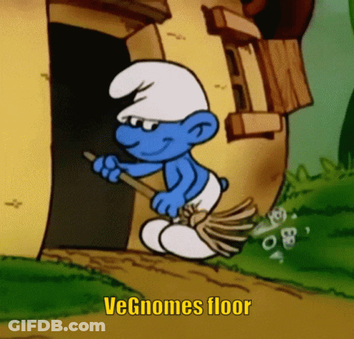A Smurf With A Broom And The Words " Vegnoms Floor " On The Bottom GIF