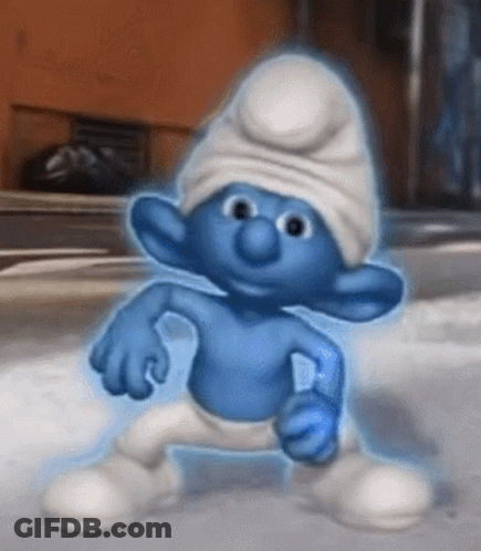 A Smurf With A White Hat And Blue Pants Is Standing In The Snow GIF