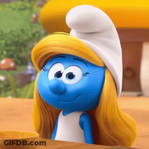 A Smurf With Blonde Hair And A White Hat Smiles GIF