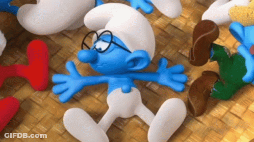 A Smurf With Glasses Is Laying On The Ground With His Arms Outstretched GIF