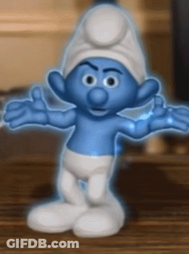 A Smurf With His Arms Outstretched And A White Hat GIF