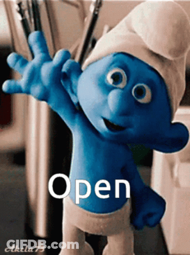 A Smurf With The Word Open Written On The Bottom Of It GIF
