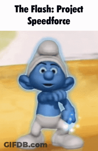 A Smurf With The Words " The Flash : Project Speedforce " Above Him GIF