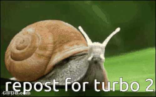 A Snail Is Crawling On A Green Leaf With The Words Repost For Turbo 2 Below It GIF