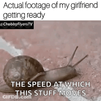 A Snail Is Crawling On The Ground With A Caption That Says " Actual Footage Of My Girlfriend Getting Ready " GIF