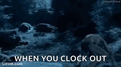 A Snake Is Crawling On The Ground In The Water With The Words `` When You Clock Out '' Written Below It . GIF