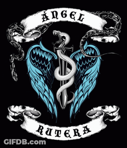 A Snake Is Holding A Sword With Angel Rutera Written Below It GIF
