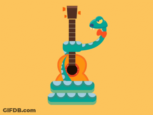 A Snake Is Wrapped Around A Guitar With A Yellow Background GIF