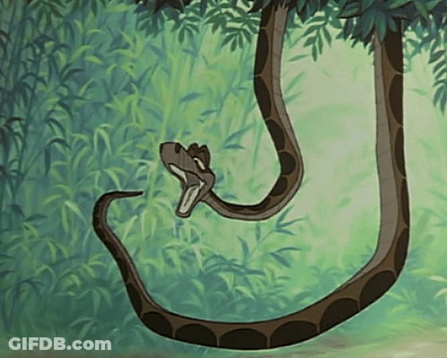 A Snake With Its Mouth Open Is Hanging From A Tree Branch GIF