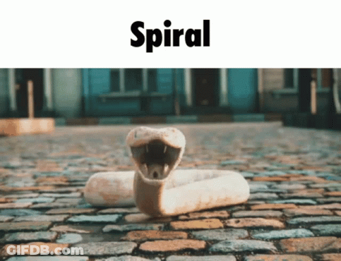 A Snake With Its Mouth Open Is On A Cobblestone Street With The Word Spiral Above It GIF