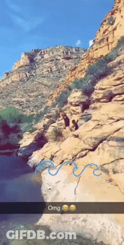 A Snapchat Of A Person Jumping Off A Cliff With The Word Omg Below GIF