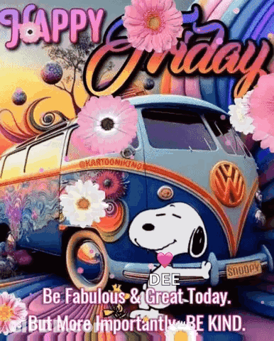 A Snoopy Van With Flowers Painted On It Is On A Happy Friday Greeting Card . GIF