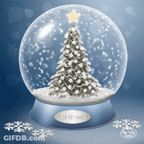 A Snow Globe With A Christmas Tree Inside And The Words Let It Snow Below It GIF