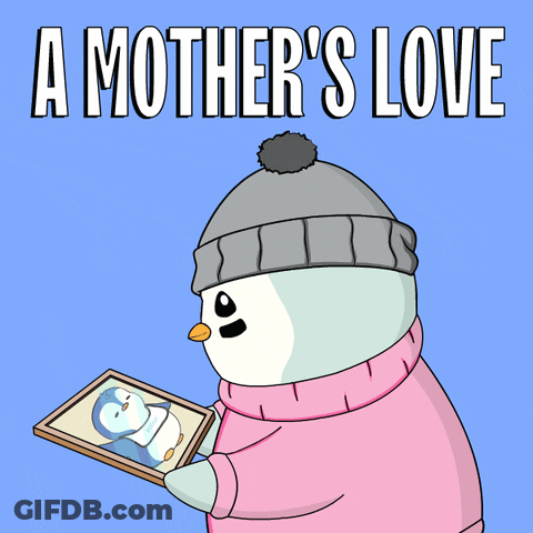 A Snowman Holding A Picture Of A Penguin With The Words A Mother 'S Love GIF