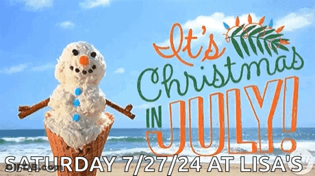 A Snowman In An Ice Cream Cone With The Words " It 'S Christmas In July " GIF