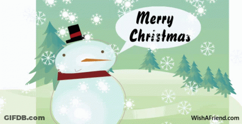 A Snowman Says Merry Christmas In A Speech Bubble Surrounded By Snowflakes GIF