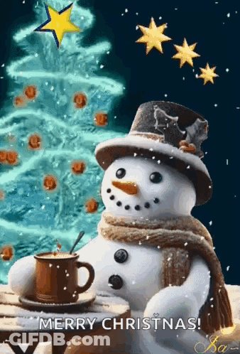 A Snowman Sitting At A Table With A Cup Of Coffee And A Christmas Tree In The Background . GIF