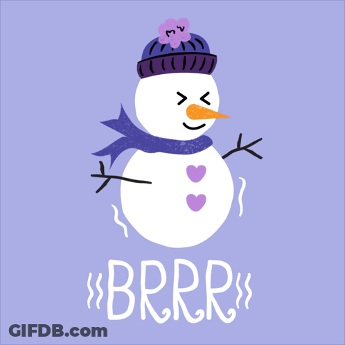 A Snowman Wearing A Purple Hat And Scarf Has The Word Brrr Written Below It GIF