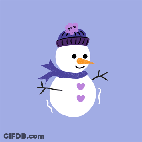 A Snowman Wearing A Purple Hat And Scarf With Hearts On It GIF