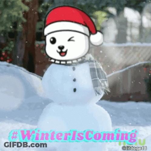 A Snowman Wearing A Santa Hat And Scarf With The Words Winter Is Coming Below Him GIF