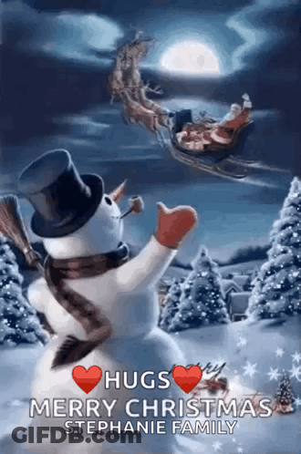 A Snowman Wearing A Top Hat And Scarf Is Standing In Front Of A Sleigh With Santa In It . GIF