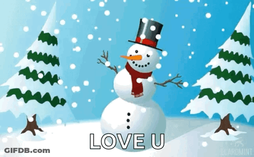 A Snowman Wearing A Top Hat And Scarf With The Words Love U Written On It GIF
