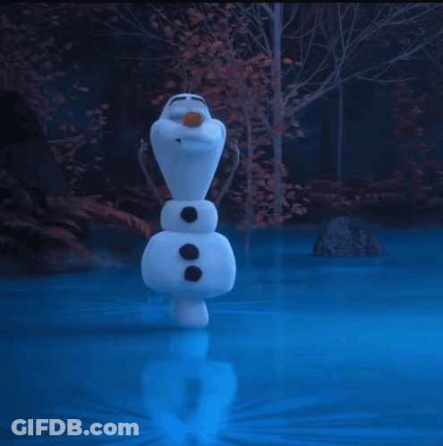 A Snowman With A Carrot On His Head Is Standing In The Water GIF