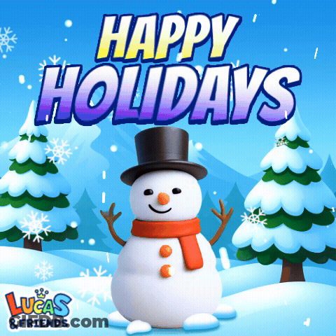 A Snowman With A Top Hat And Scarf Says Happy Holidays From Lucas And Friends GIF
